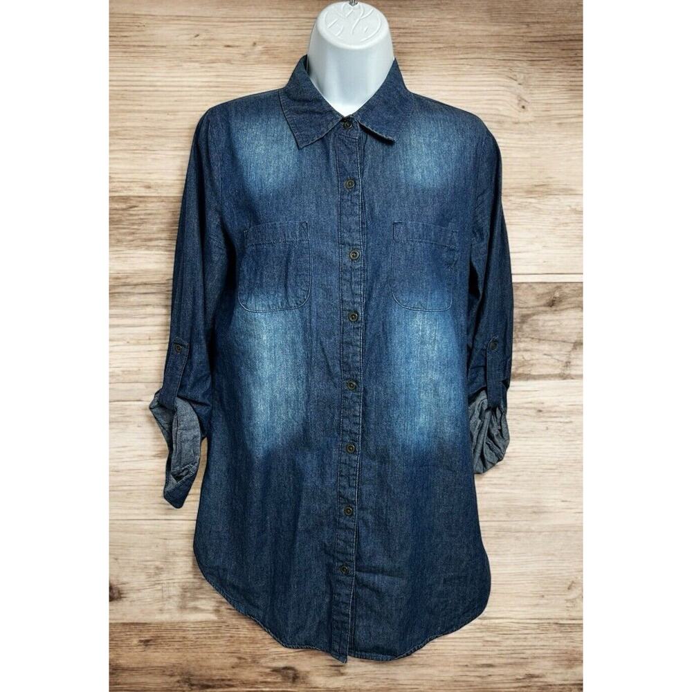 Women's Chambray Denim Button Front Shirt Sz M Long-Sleeve Roll Tab Dark Blue